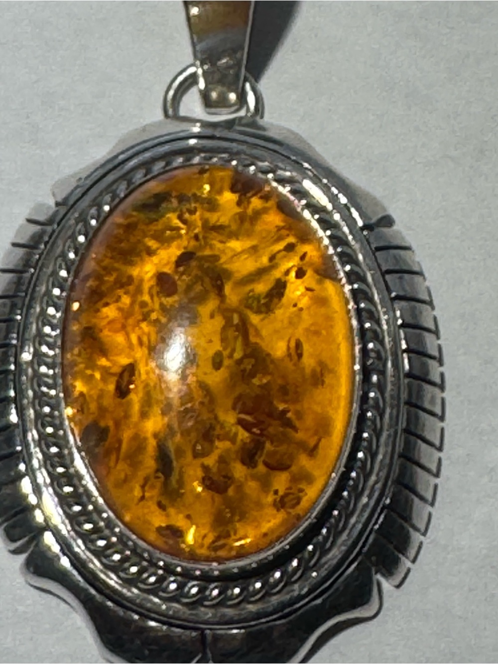 Vintage Sterling Silver Amber Oval Pendant - Golden Amber